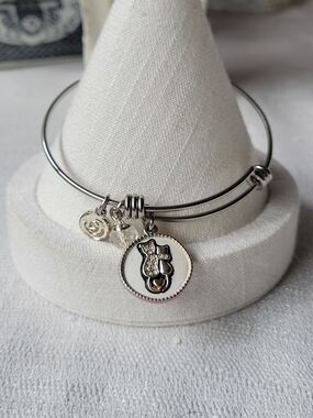 Silver Cat Charm Bangle Bracelet